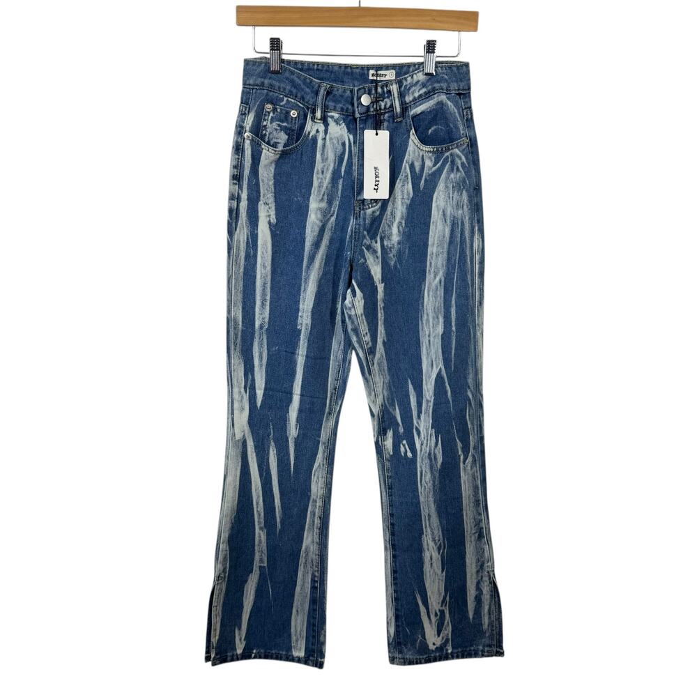 Kolly Jeans Women S Blue White Dye Bootcut Slit Festival NWT Concert Grunge Boho